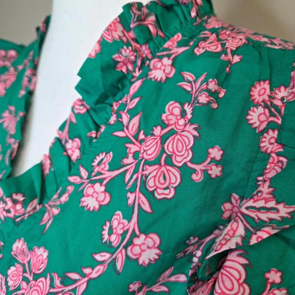 J. Crew Womens Green Pink Floral Ruffle Flutter Sleeve‎ Cotton Blouse Top Small